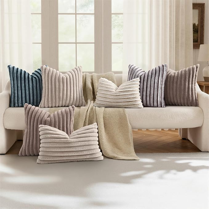 decorUhome Fall Cozy Faux Fur Throw Pillow Covers 22x22 Set of 2 Decorative Plush Striped Modern Farmhouse Boho Couch Euro Sham Pillow Cases with Velvet Back for Sofa Bed Living Room, Beige White