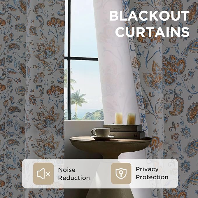 Joydeco Printed Curtains 96 inches Long,Yellow Floral Blackout Curtains for Living Room 2 Panels,52 x 96 inch Rod Pocket Thermal Insulated Bohemian Drapes for Farmhouse,Bedroom,White