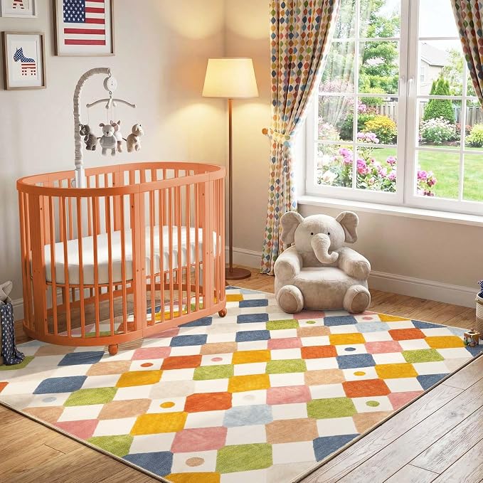 jinchan Macy Area Rug for Kids Room 6'x6' Square Rug Modern Colorful Nursery Rug Checkered Diamond Play Mat Washable Soft Non Slip Carpet for Playroom Bedroom Dorm Daycare Circus on Cream