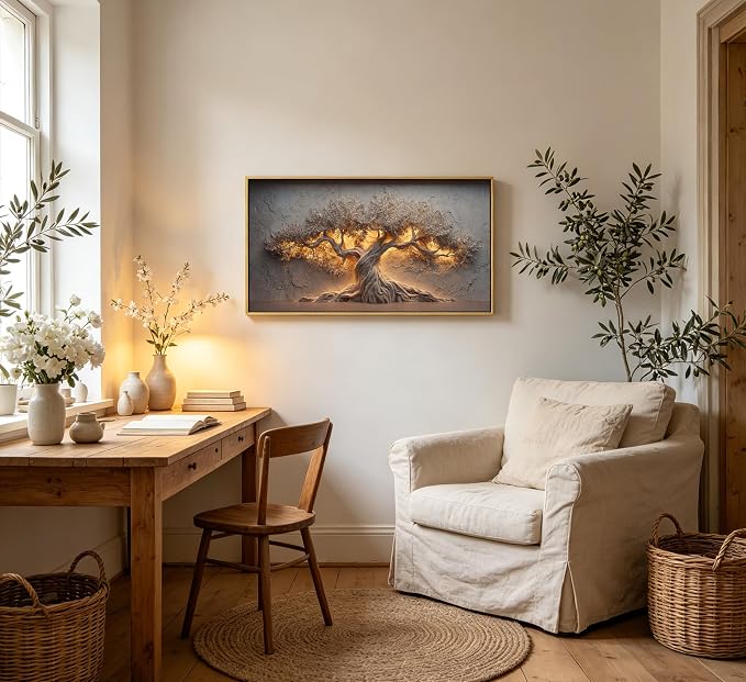 Framed Large Tree of Life Wall Art, Neutral Nature Big Tree Botanical Canvas Print Poster, Rustic Stone Wall Decor for Living Room Bedroom Hotel, Earth Tone,