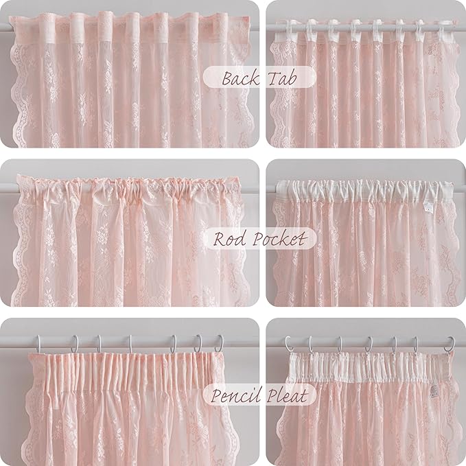 MEETSKY Pink Lace Curtains 96 Inch Length Set of 2 Vintage Victorian French Pretty Elegant for Girls Room Light Filtering Privacy Protect Rod Pocket Sheer Drapes, 50" W Each Panel, Light Pink