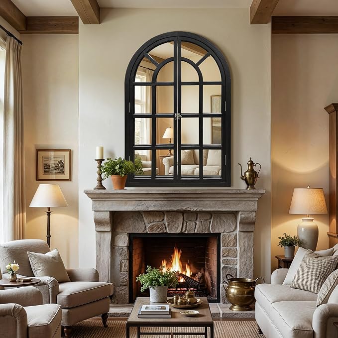 Arched Window Mirrors for Wall, Wooden Rustic Farmhouse Mirror for Wall Decor 26 x 38 Black, Decorative Wall Mirror Arch for Living Room, Bedroom, Bathroom, Fireplace, Farmhouse