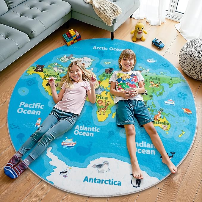 Kids Playroom Rug, 4x4ft Round World Map Rugs with Cute Animals, Washable Durable Soft Carpet Kid Educational Rugs for Boys Girls Bedroom Nursery Classroom