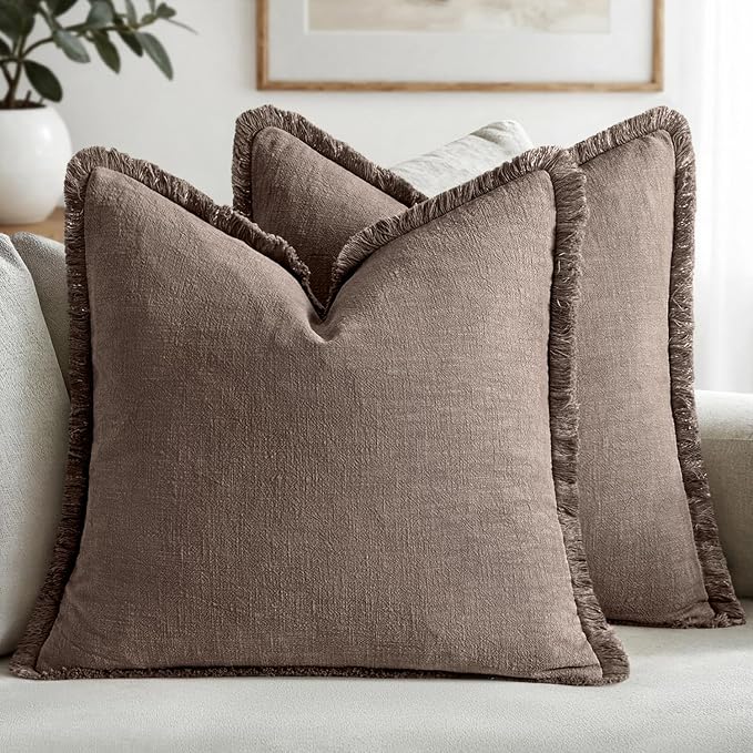 MIULEE Decorative Throw Pillow Covers Neutral Linen Fringe Throw Pillows Set of 2 Malt Ball Boho Farmhouse Cushion Covers with Tassels for Couch Sofa Bed Living Room Fall Decor 18x18 Inch