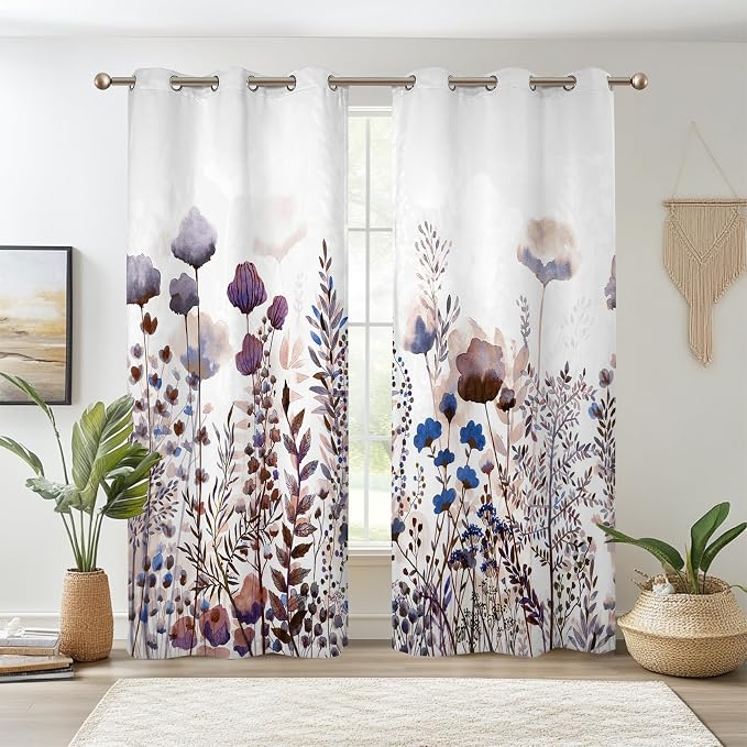 Renaiss Wild Flowers Blackout Curtains, Pastel Botanical Floral Print Thermal Insulated Bedroom Window Curtains, Nature Plants Window Curtains for Kitchen, 55" L x 29" W 2 Panel Set