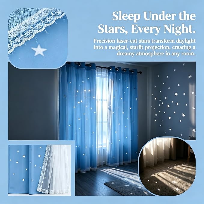 Star Cutout Blackout 95 Inches Curtains Double Layer with Sheer Overly Curtains for Bedroom Thermal Insulated Window Treatment Set (52W x 95L 2 Panels Sky Blue)