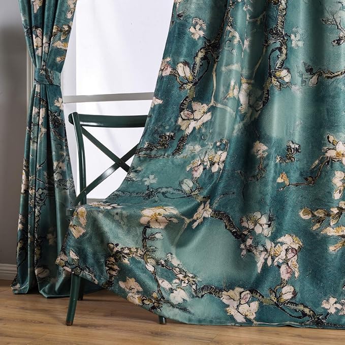 Taisier Home Chinese Style Plum Blossom Curtain Green Artistic Print Curtains 72 Inches Long for Living Room,Personalized Pattern Curtains Bedroom Window Treatment Curtains 2 Panels Set