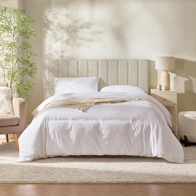 Hearth & Harbor Upholstered Full Headboard - Easy Assemble Channel Stitched Headboard Full Size - Wall Mounted Headboards with 3D Soundproof Wall Panels Peel & Stick Floating Headboards, Linen