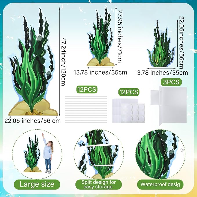 Geelin 3 Sets 47" H Seaweed Cardboard Cutout Stand up Under The Sea Party Decoration Seaweed Life Size Photo Props Ocean Plants Standee for Summer VBS Underwater Beach Halloween Party Supplies