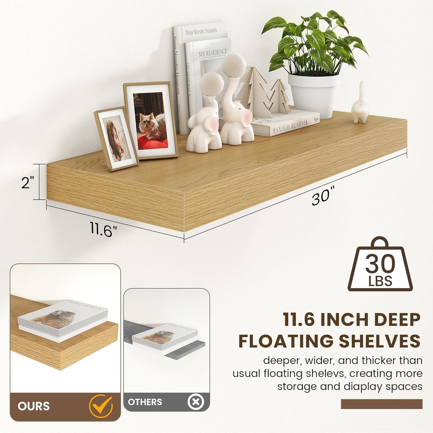 Deep Floating Shelves for Wall | 30 Inch Wide x 12 Inch Deep Floating Shelves | 30W x 12D Rustic Oak Wide Wall Shelves | Bookshelf Laundry Shelf TV Shelf