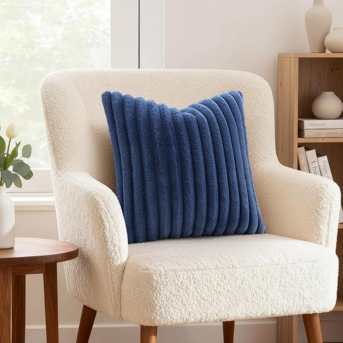 decorUhome Fall Faux Fur Throw Pillow Covers 16x16 Set of 2 Decorative Soft Plush Striped Coastal Coastal Modern Farmhouse Boho Couch Pillow Cases with Velvet Back for Sofa Bed Living Room, Blue