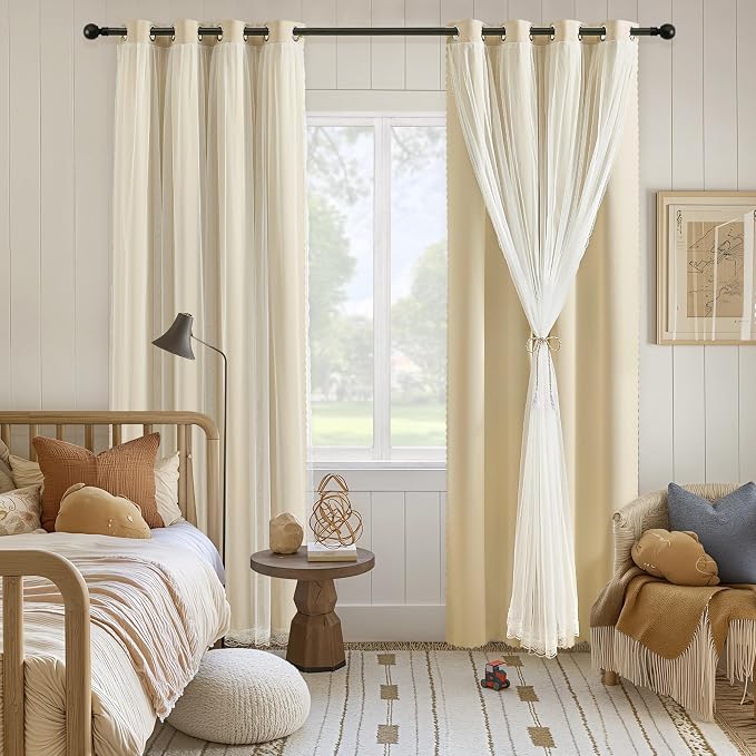 XiDi Beige Blackout Curtains with Sheer Overlay for Bedroom 2 Panels 63 Inches Long Double Layer Curtains with Lace Hem for Kids Girls Room Decor Thermal Insulated Grommet Short Window Drapes W52XL63