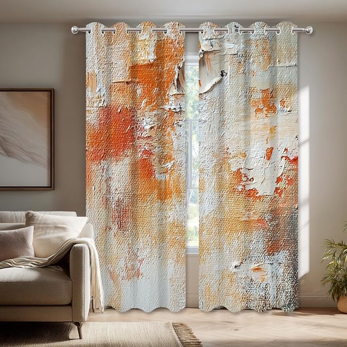 Shrahala Brushstrokes of Paint Thermal Insulated Blackout Window Curtains, Orange Grey Canvas Texture Long Drapes for Bedroom/Living Room with Plastic Grommet, 52X63 Set of 2