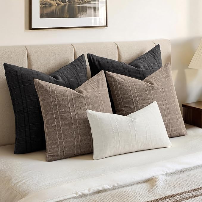 MIULEE Decorative Linen Check Throw Pillow Covers Neutral Farmhouse Vintage Pillow Covers 18x18 Set of 2 Boho Modern Winter Home Decor for Sofa Couch Bedroom Cushion Taupe