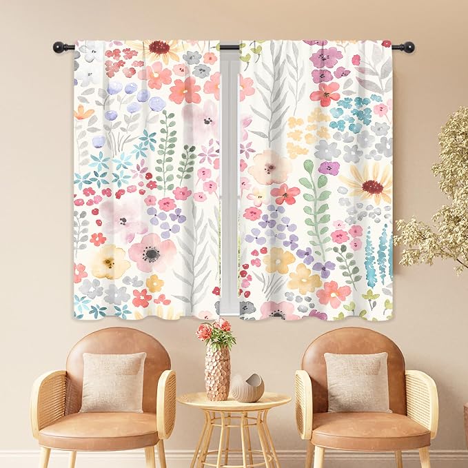 Riyidecor Colorful Floral Curtains Pink Cute Boho Wildflower Watercolor Plant Leaves Botanical Trendy Rod Pocket Pretty Aesthetic for Girls Bedroom Living Room Treatment Fabric 2 Panels 42Wx45H Inch