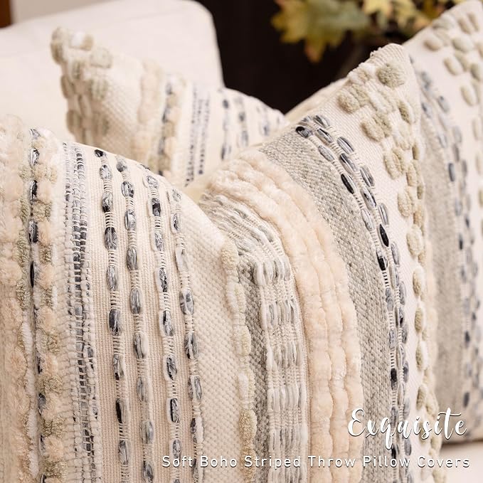 Boho Chenille Tufted Throw Pillow Covers 18x18 Inch Set of 2 Farmhouse Cream White Woven Striped Decorative Pillowcases for Couch Sofa Bed