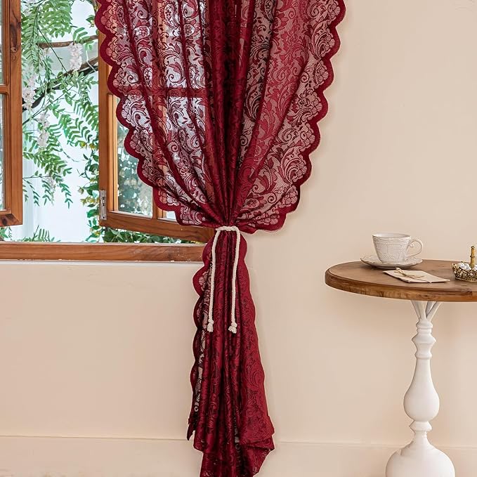 ALIGOGO Burgundy Sheer Curtains 54 Inch Length, 2 Panels, Vintage Floral Short Red Lace Cafe Curtains for Kitchen Bathroom Laundry Room, Light Flitering Farmhouse Decor, 52W x 54L Inch, Maroon