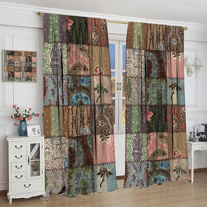 Boho Floral Patchwork Blackout Curtains Pieced Patchwork Plaid Design Farmhouse Green Green Print Window Drapes for Bedroom Living Room Kitchen Cafe （W27.5xL63 Inch） x2 Panels