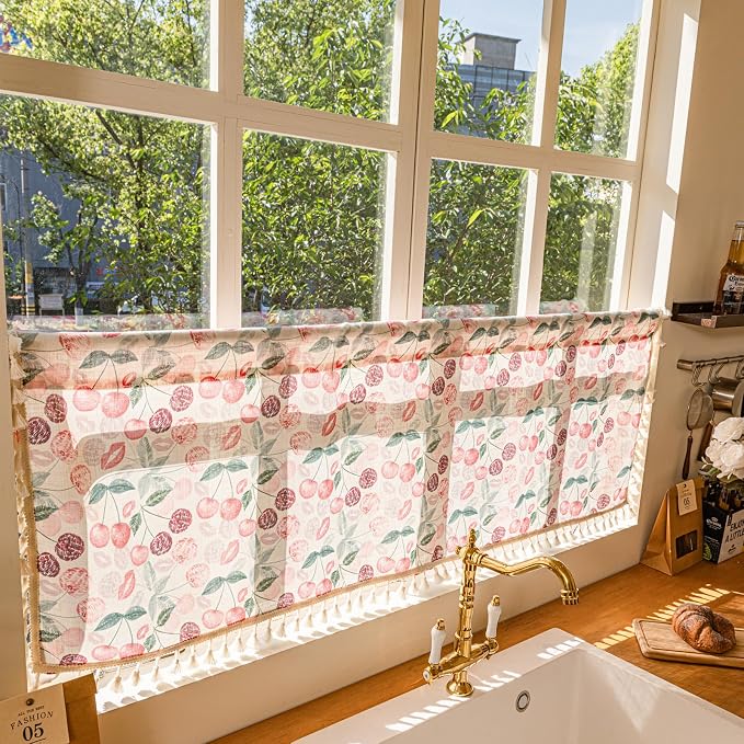 Deeprove Boho Valance Kitchen Cafe Over Sink Window Treatment Retro Aesthetic Style, Pink Red Cherry Print Abstract Short Drape Adjustable Curtain for Bedroom Living Room, 52Wx18L Rod Pocket 1 Panel