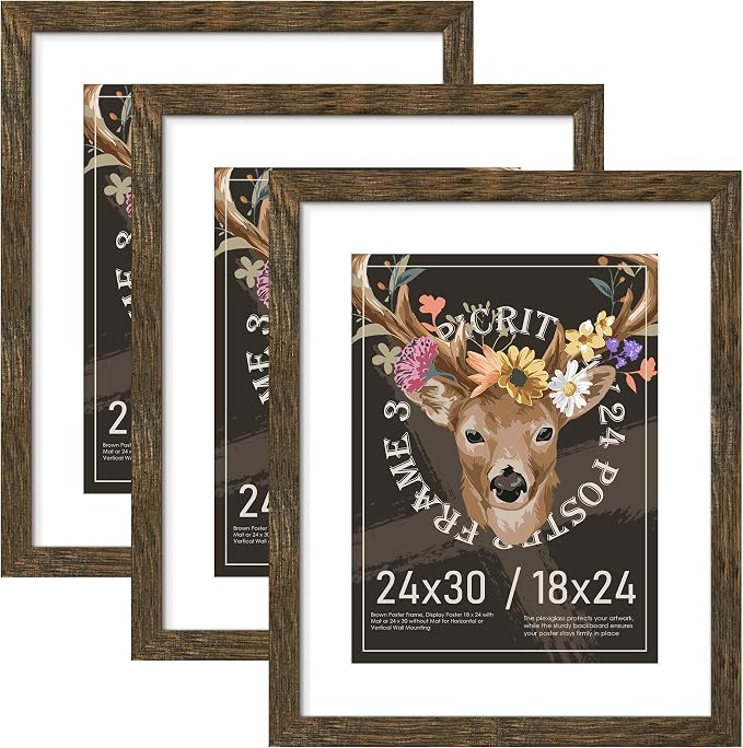 Picrit 24x30 Picture Frame 3 Pack, Wooden Brown Rustic Poster Frame, Display Poster 18 x 24 with Mat or 24x30 without Mat for Horizontal or Vertical Wall Mounting