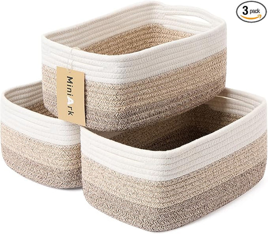 MiniArk Small Storage Baskets for Organizing | Closet Organizer Bins | Shelf Toy Basket | Woven Rope Baskets | Cube Decorative Box | Shallow Basket | 13x8.5x5.1” | 3 Packs Gradient Brown