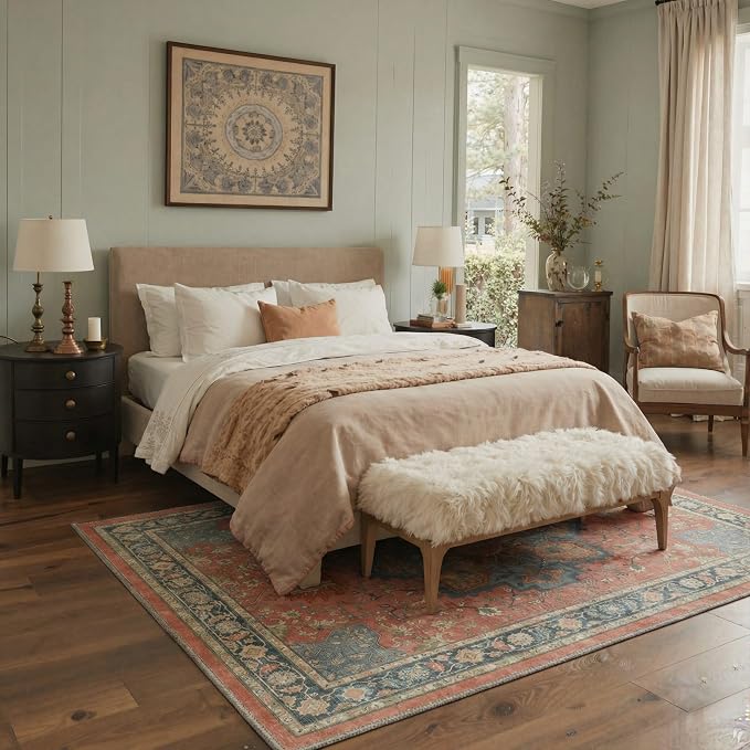 GENIMO 5x7 Area Terracotta Rug for Living Room, Machine Washable Rug, Non Slip Indoor Vintage Carpet, Low Pile Lightweight Print Carpet for Bedroom Dining Room Home Office