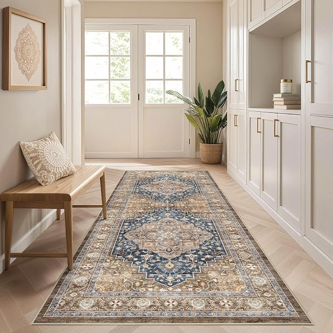 Runner Rug Kitchen Washable Rugs: 3x10 Non-Slip Boho Vintage Stain Resistant Indoor Neutral Farmhouse Throw Carpet for Hallway Bathroom Laundry Room Entryway Bedroom- Yellow Blue