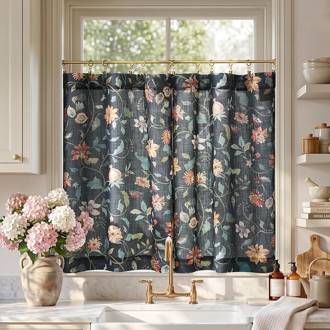 jinchan Hattie Floral Linen Kitchen Curtains 36 Inch Length Vintage Cottage Core Farmhouse Cafe Curtains Light Filtering Small Window Drapes for Living Room Bathroom Rod Pocket 2 Panels Dark Blue