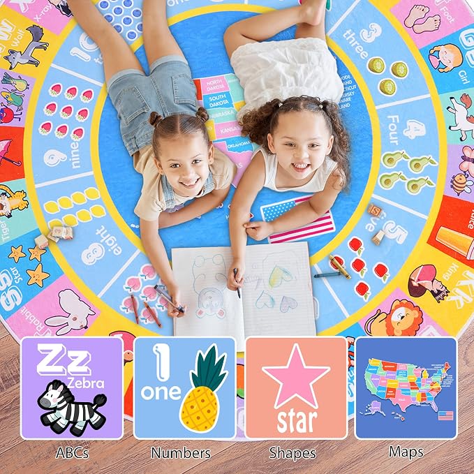 Kids Rugs for Playroom - Soft & Non-Slip 4x4 Feet Round Educational Rug for Learning ABC Alphabet, Numbers, Shapes & Map, Washable Classroom Rug for Bedroom Nursery & Kids Room Decor
