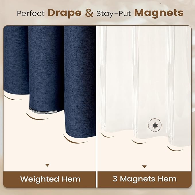 BTTN 3 in 1 Shower Curtain with Liner - 96 Inch Extra Long Linen Textured Fabric Shower Curtain Set with Plastic Hook, Tall Modern Heavy Duty Waterproof Shower Curtain for Bathroom, Navy Blue, 72x96