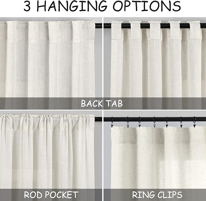 Nanspring Cream Cafe Curtains 54 Inch Length Set 2 Panel Back Tab Pocket Semi Sheer Short Linen Cream Curtain Tiers for Small Bathroom Window Basement 38x54