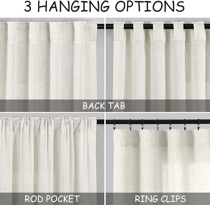 Linen Cream Curtains 107 Inch Extra Long for Living Room Back Tab Light Filtering Semi Sheer Drapes Modern Farmhouse Coastal Decor Cotton Textured Curtain for Floor to Ceiling Window 52x107