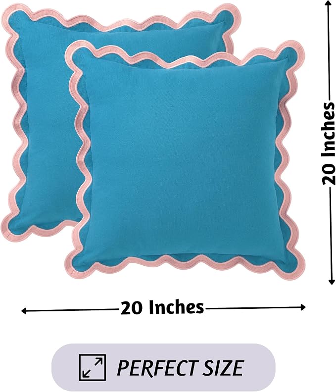 Folkulture Throw Pillow Covers 20x20 Set of 2 | Cotton, Cute Blue Pillow Covers for Couch | Aesthetic, Preppy Scalloped Decorative Pillows for Living Room Décor, Hannah Montana Party Decorations