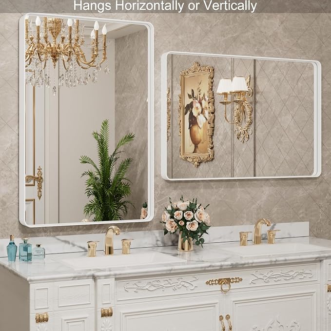LOAAO 32x36 Inch White Metal Framed Bathroom Mirror for Wall, White Bathroom Vanity Mirror Farmhouse, Large Rounded Rectangle Mirror, Anti-Rust, Tempered Glass, Hangs Horizontally or Vertically
