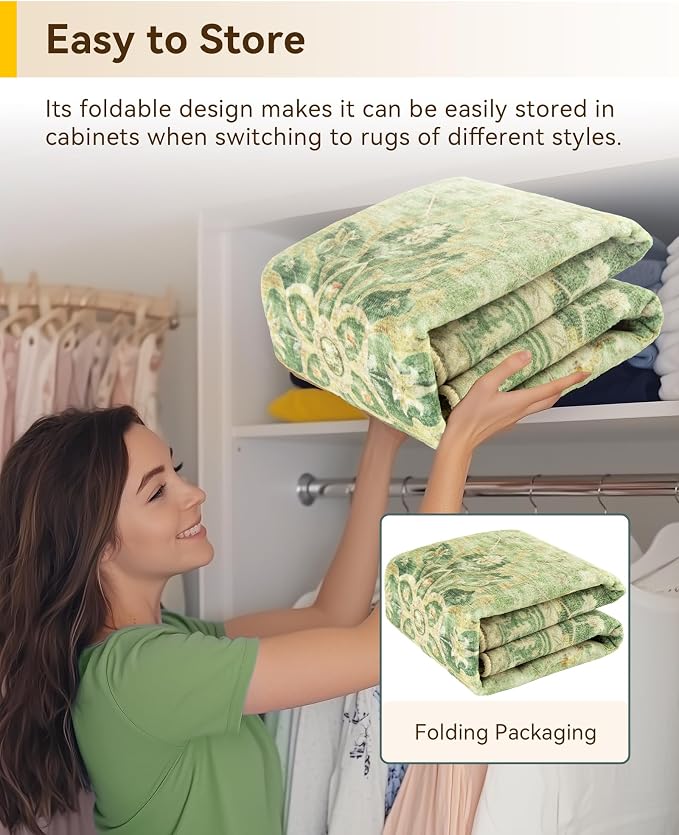RELEANY Area Rugs Round 5ft Washable Non-Slip, Floral Vintage Distress Medallion Carpet for Living Room Bedroom Dining Room, Sage Green Yellow