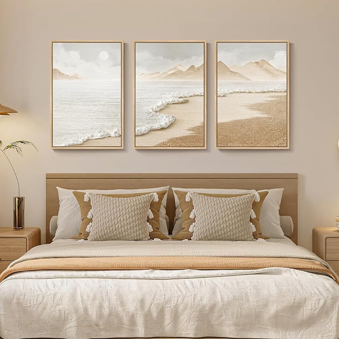 Framed Boho Beach Coastal Wall Art for Living Room, Large Neutral Abstract Coastal Canvas Artwork for Walls, 3 Piece Minimalist Ocean Picture Print for Living Room Bedroom Kitchen Wall Decor, 16x24 In