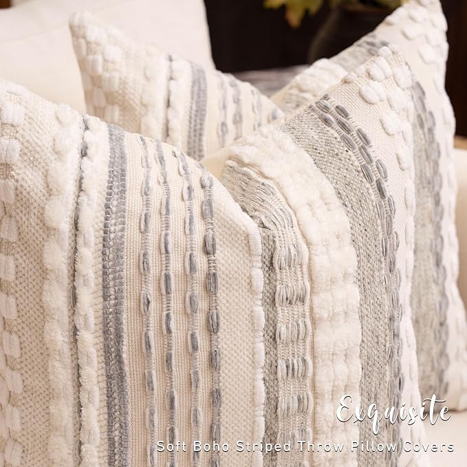 Boho Chenille Tufted Throw Pillow Covers 18x18 Inch Set of 2 Farmhouse Grey Woven Striped Decorative Pillowcases for Couch Sofa Bed