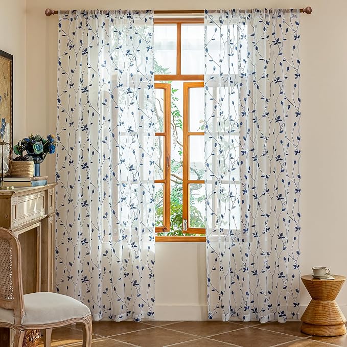 AmHoo 2 Panels Embroidered Leaf Pattern Semi Sheer Curtains Foliage Floral Voile Window Draperies Treatment for Bedroom Living Room Rod Pocket White Blue Lolite 53 x 95 Inch