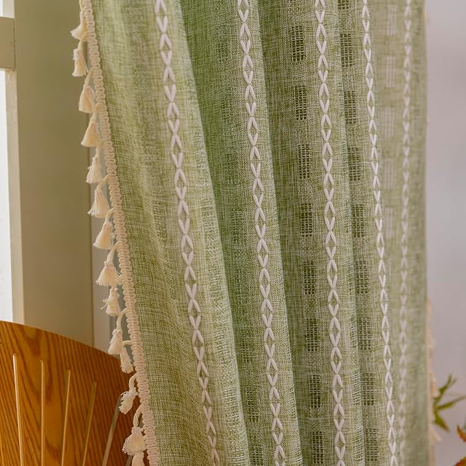 Deeprove Boho Curtain 72 inch Length for Bedroom Living Room, Bohemian Grass Sheer 72 inches Long Stripe Embroidery Privacy Window Tassel Christmas Easter Spring Decor W52 x L72, 1 Panel Sage Green