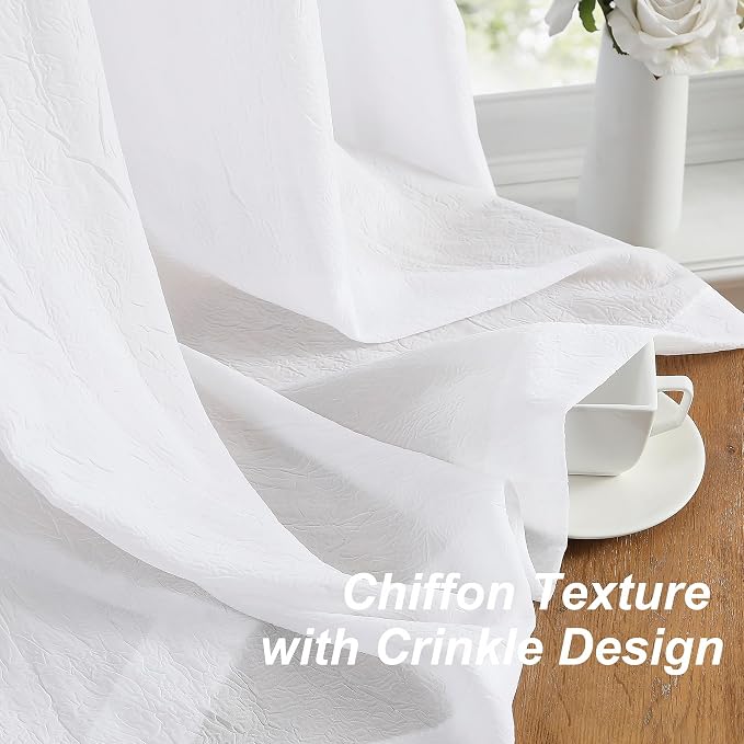 Purainbow White Chiffon Sheer Curtains for Living Room Crushed Crinkle White Semi Voile Curtain Panels for Bedroom Decoration, Light Filtering Window Treatments Grommet Top, 2 Panels, 52" Wx95 L