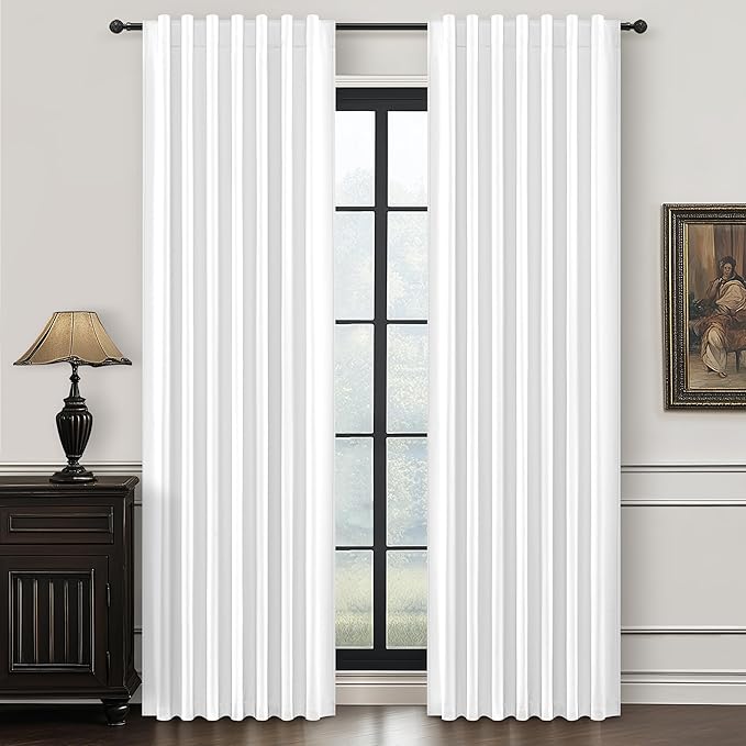 BrightWhite Linen 86 Inch 100% Blackout Curtains for Bedroom, Pleated Heading Tape Ring Clips Back Tab Thermal Custom Made Window Curtains Living Room Modern Farmhouse (100 Wide Total, Each W50"x2Pcs)