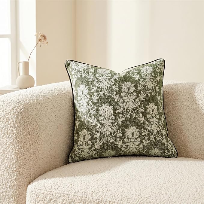20x20 Inch Vintage Vine Floral Pillow Covers Set of 2, Large Woven Cushion Covers with Corded Piping and Velvet Back for Sofa Couch Living Room Decor, Olive Green