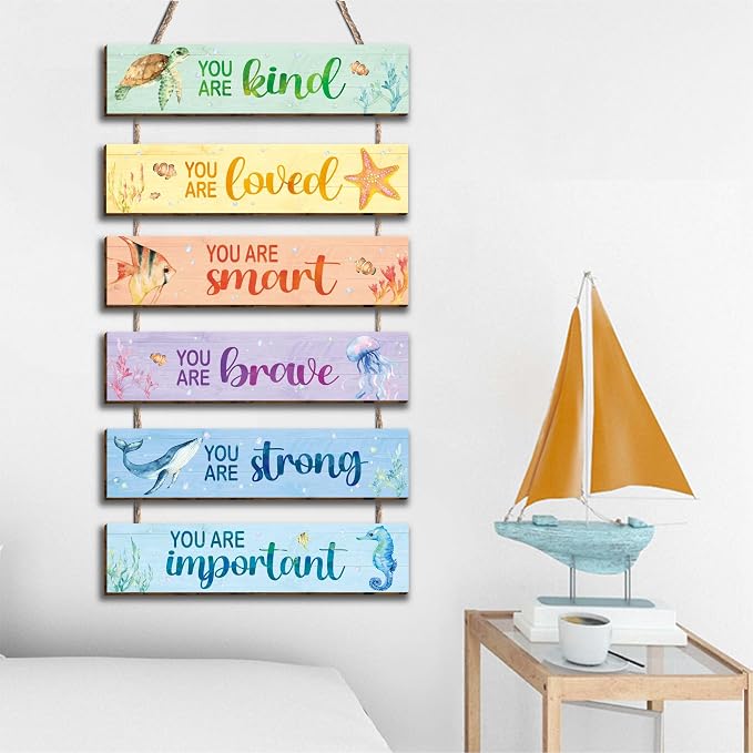 6 Pcs Ocean Decor Kids Room Placards of Wood Decor, Watercolor Ocean Inspirational Positive Quotes Wall Art Hanging Sign for Kids Teens Children Bedroom Princess Toddler Room Nursery Dorm