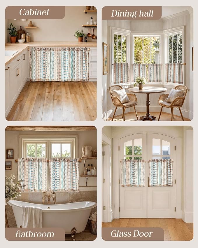Miss Adola Boho Kitchen Tier Curtains - 24 Inch Length Linen Blend Cafe Curtains Farmhouse Small Window Treatments Over Sink Rod Pocket for Bathroom Living Room Light Filtering, 2 Panels