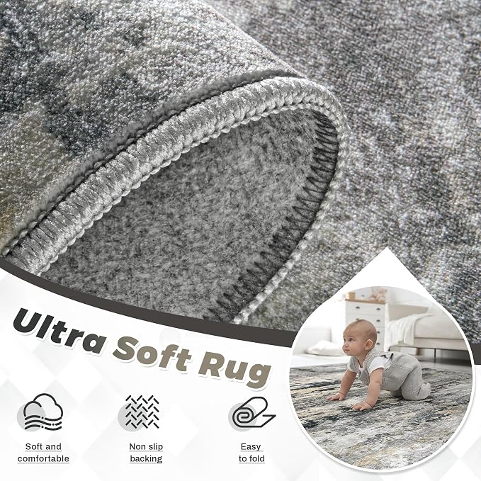 pmtsns Area Rugs 9x12 for Living Room: Washable Rug Modern Abstract Neutral Soft Non-Slip Low-Pile Indoor Large Carpet for Bedroom Dining Room Playroom Home Office (Black Grey Brown, 9'x12')
