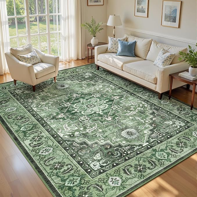 Lofus 5x7 Washable Rugs Non-Slip, Vintage Floral Area Rug for Living Room Bedroom Dining Room Kitchen, Low Pile Distress Print Medallion Carpet Home Decor Rug, Floral Sage Green