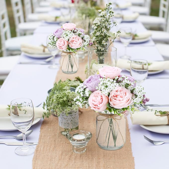 Zeyune 6 Sets Mason Jar Centerpiece Table Decorations, Artificial Peony Baby's Breath Flower Bouquets, Faux Flowers with Vase, Rustic Decor Gifts for Home, Wedding, Holiday (Purple,Pink)