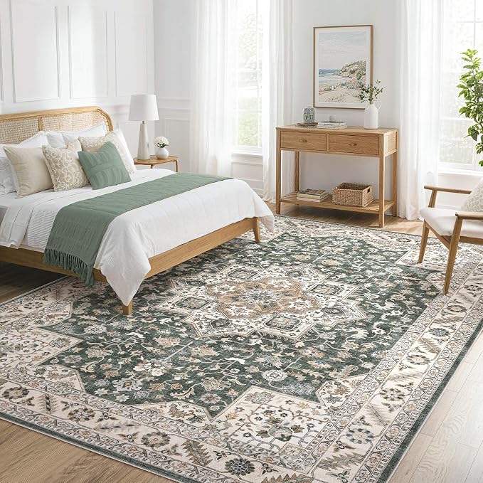 Vintage Living Room Area Rug 7x9 - Large Soft Washable Oriental Traditional Distressed Farmhouse Rugs for Bedroom - Indoor Floor Accent Carpet for Home Office House Decor - Vintage Green