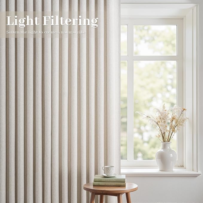 Pinch Pleated Linen Curtains 96 Inches Long for Living Room 2 Panel Set Oatmeal Light Filtering Pinch Pleat Hooks Rings Back Tab Neutral Boho Farmhouse 96 Inch Curtain Drapes for Bedroom Window