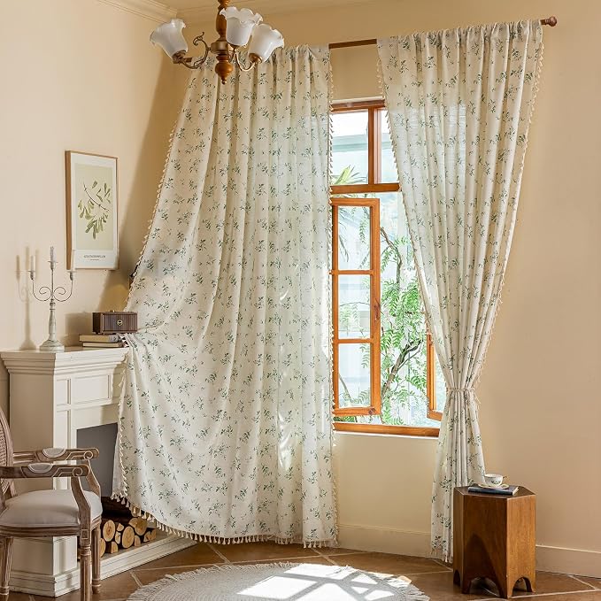 OYX Boho Floral Spring Semi Sheer Curtains 63 Inch Length 2 Panels, Linen Texture Farmhouse Light Filtering Curtains Beige Tassel for Bedroom Living Room Vintage Rustic Patterned Printed Rod Pocket